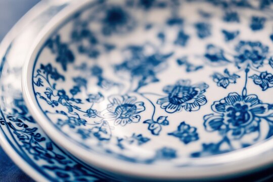 Close up blue white porcelain plate intricate pattern detailed craftsmanship tableware