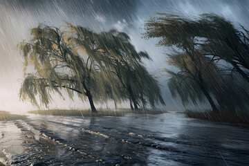 Dramatic Rainy Landscape with Willow Trees. AI Generated