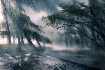 Dramatic Rainstorm in a Dark Forest Path. AI Generated
