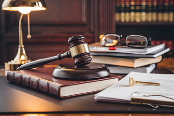 Judge's gavel, books, and glasses in a formal courtroom setting. AI Generated