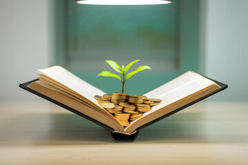Open Book with Coins and Growing Plant Representing Financial Growth. AI Generated