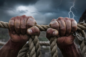 Strong Hands Grasping a Rope Against a Stormy Sky. AI Generated