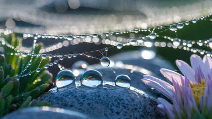 Dewdrops on a Spiderweb, Sparkling with Morning Light. AI Generated