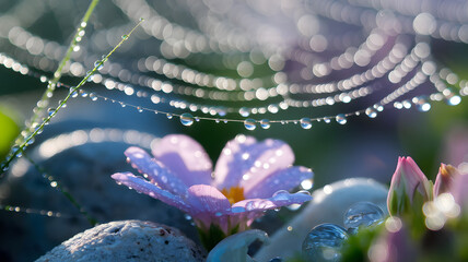 Delicate Dewdrops on a Spiderweb Enchanting a Pink Flower. AI Generated