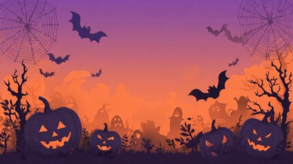 halloween background with pumpkins, Flat design Halloween background, purple and orange gradient backdrop, black silhouettes of pumpkins, ghosts, bats, and spider webs, clean lines, minimalist style