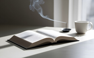 Open book, aromatic incense, and a cup of tea - a peaceful home study scene. AI Generated