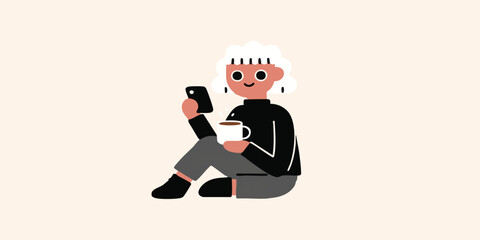 A charming illustration depicts a person engrossed in a phone while enjoying a warm beverage, set against a soft backdrop.