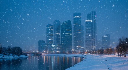 Winter cityscape with snow falling over a river and modern skyscrapers reflecting light