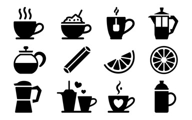 Vector icons pack of 12 steaming mugs coffee tea pots and citrus slices scalable illustration vector