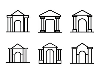 Six unique building structures with columns and peaked roofs set in a row