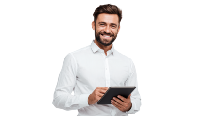 Happy man in white shirt holding tablet, isolated on white background.