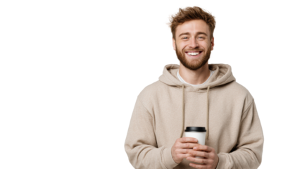 Happy young man holding a cup of coffee, smiling in a casual outfit against a white background.
