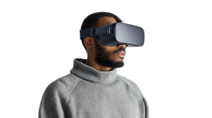 Person using virtual reality headset, isolated on white background.