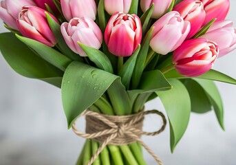 Close-up Fresh Pink Tulip Flower Bunch with Natural Fiber String