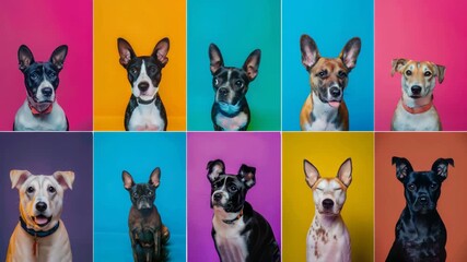 Colorful canine compilation: joyful dogs with vibrant backgrounds in motion