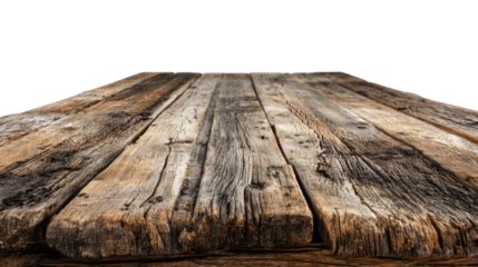 Rustic wooden table surface, perfect for displaying food or decor, with an isolated background.