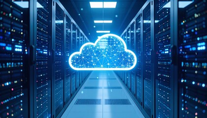 Futuristic server room with glowing cloud