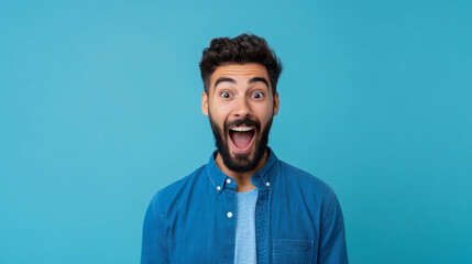 Fototapeta premium A cheerful man with a beard expresses excitement against a bright blue background, showcasing joy and enthusiasm.