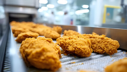 Golden, crispy fried chicken pieces on a conveyor belt in a commercial kitchen, representing fast food preparation with high efficiency.