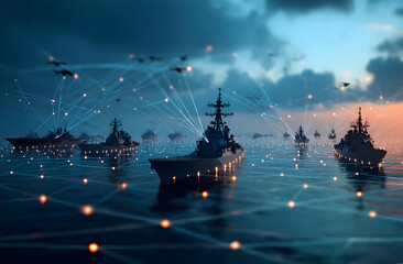 Futuristic naval fleet illuminated by connectivity, showcasing advanced maritime technology in dynamic oceanic environment.