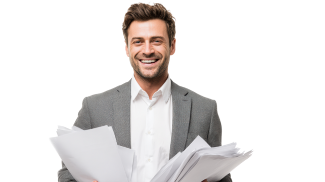 Smiling businessman holding papers, isolated on white background.