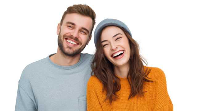 Smiling couple standing together, joyful expressions, white isolated background.