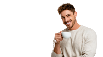 Smiling man holding a cup of coffee, casual attire, isolated on white background.