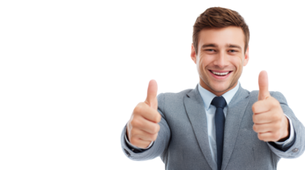 Smiling man in a suit giving thumbs up on white background.