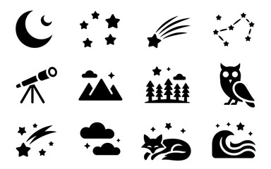 Naklejka premium Collection of 12 celestial and night themed vector icons for sky and nature illustrations vector