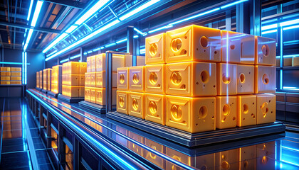 Glowing Orange Cubes on Conveyor Belt in Futuristic Factory