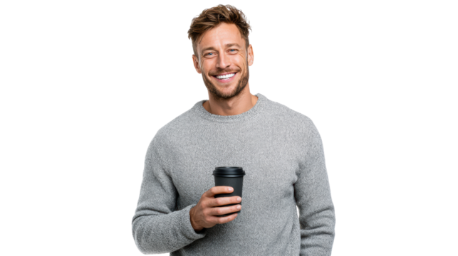 Smiling man holding coffee cup, looking relaxed and happy, isolated on white background.