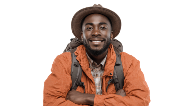 Smiling man in an orange jacket and hat with backpack, standing confidently against a white background.