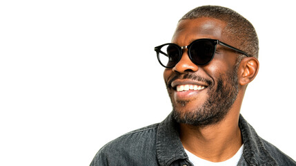 Obraz premium Smiling man with sunglasses and a casual outfit, isolated on a white background.