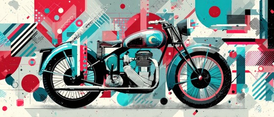 Retro motorcycle art with geometric shapes in red, teal, and black Vintage motorbike illustration with abstract background Concept of transportation, design, and style