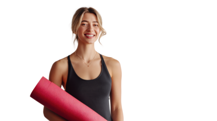 Smiling woman holding a yoga mat, wearing a black tank top, preparing for yoga practice.