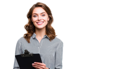 Smiling woman holding clipboard, ready for tasks or meetings on a clean background.