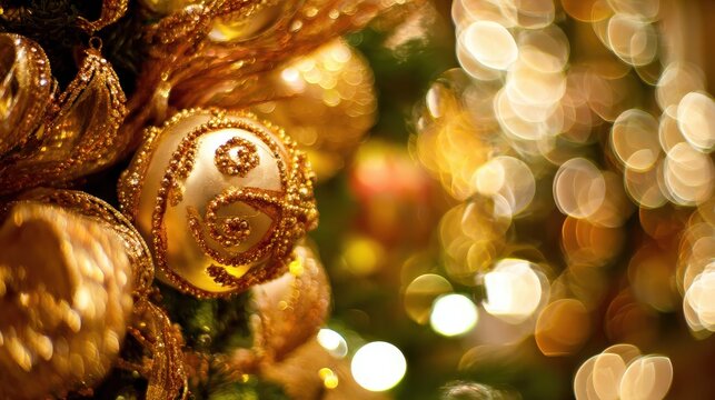 A festively decorated tree adorned with golden ornaments, surrounded by twinkling holiday lights, ideal for Christmas, family, or joy designs.