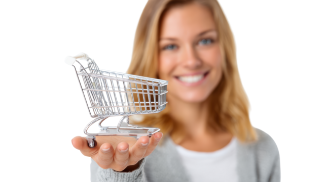 Smiling woman holding miniature shopping cart in hand, looking at the camera with a cheerful expression. - Powered by Adobe