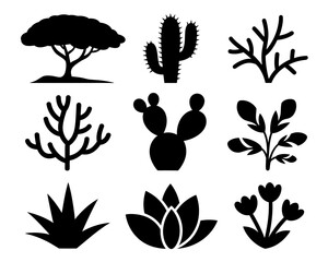 Set of 9 black silhouette illustrations of diverse desert and tropical plants vector graphic vector