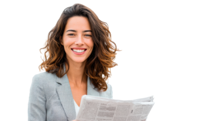 Smiling woman reading a newspaper, professional attire, isolated on white background.