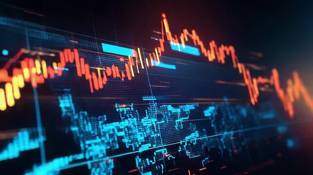 Stock market graph showing increasing and decreasing trends on a digital screen
