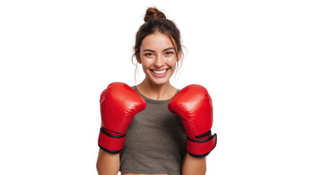 Smiling woman in boxing gloves, ready for a match, showcasing confidence and determination.