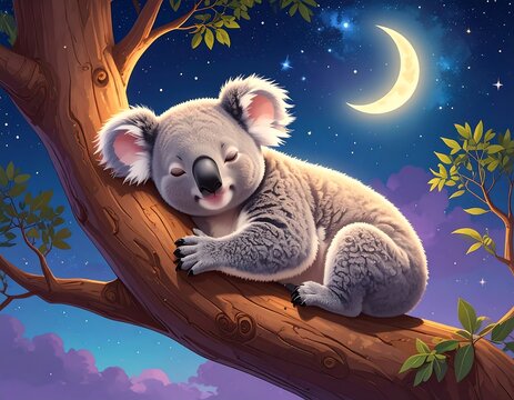 Cute koala sleeping in a tree at night - Powered by Adobe