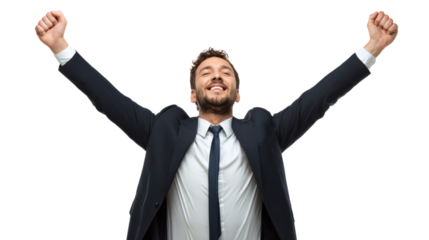 Successful businessman celebrating victory with raised arms, white isolate background.