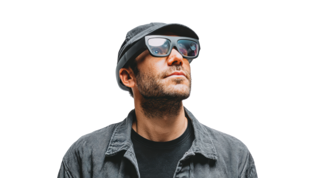 Stylish man wearing glasses and a hat, looking up thoughtfully against a white isolated background.