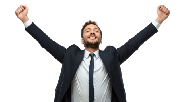Successful businessman celebrating victory with raised arms, white isolate background.