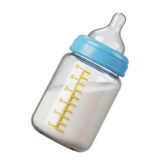 3d baby bottle filled with milk close on transparent background