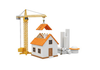 3d house construction with crane isolated on transparent background