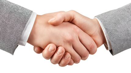 Two hands shaking in a professional agreement, isolated on a white background.