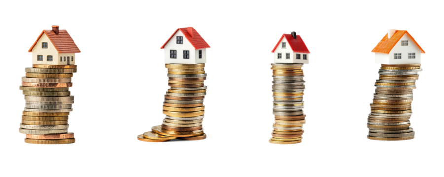Collection of House on top of coin stack Symbolizing saving for a home. full length isolate on transparent background